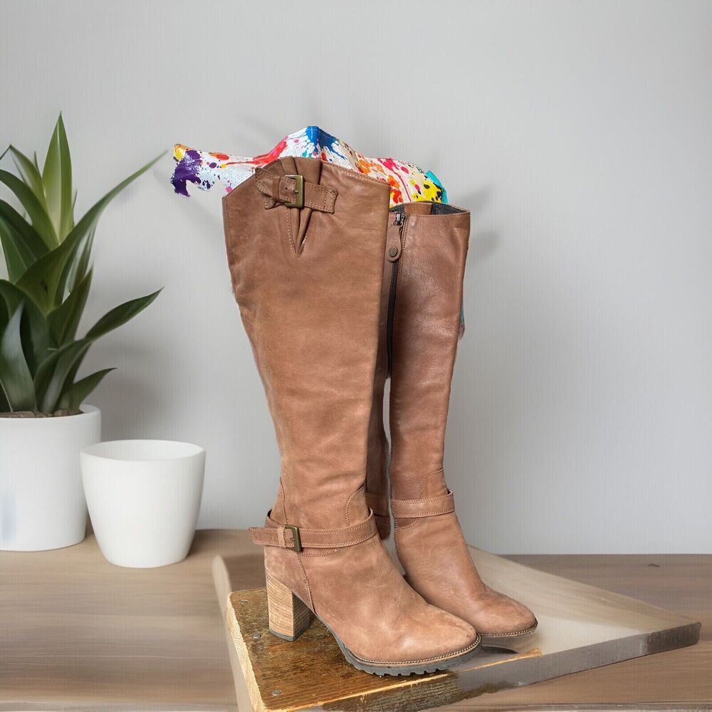 Fabianelli Boots Size 37/6.5 Brown Leather Braided Heels Knee High Block Italy